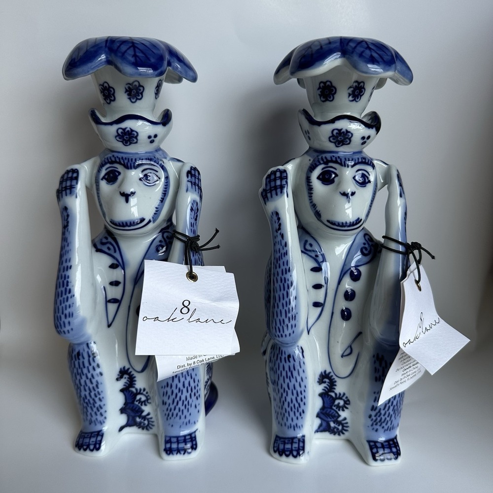 NWT 8 Oak Lane Blue White Porcelain Chinoiserie Monkey Candlestick‎ Set 9 Inch